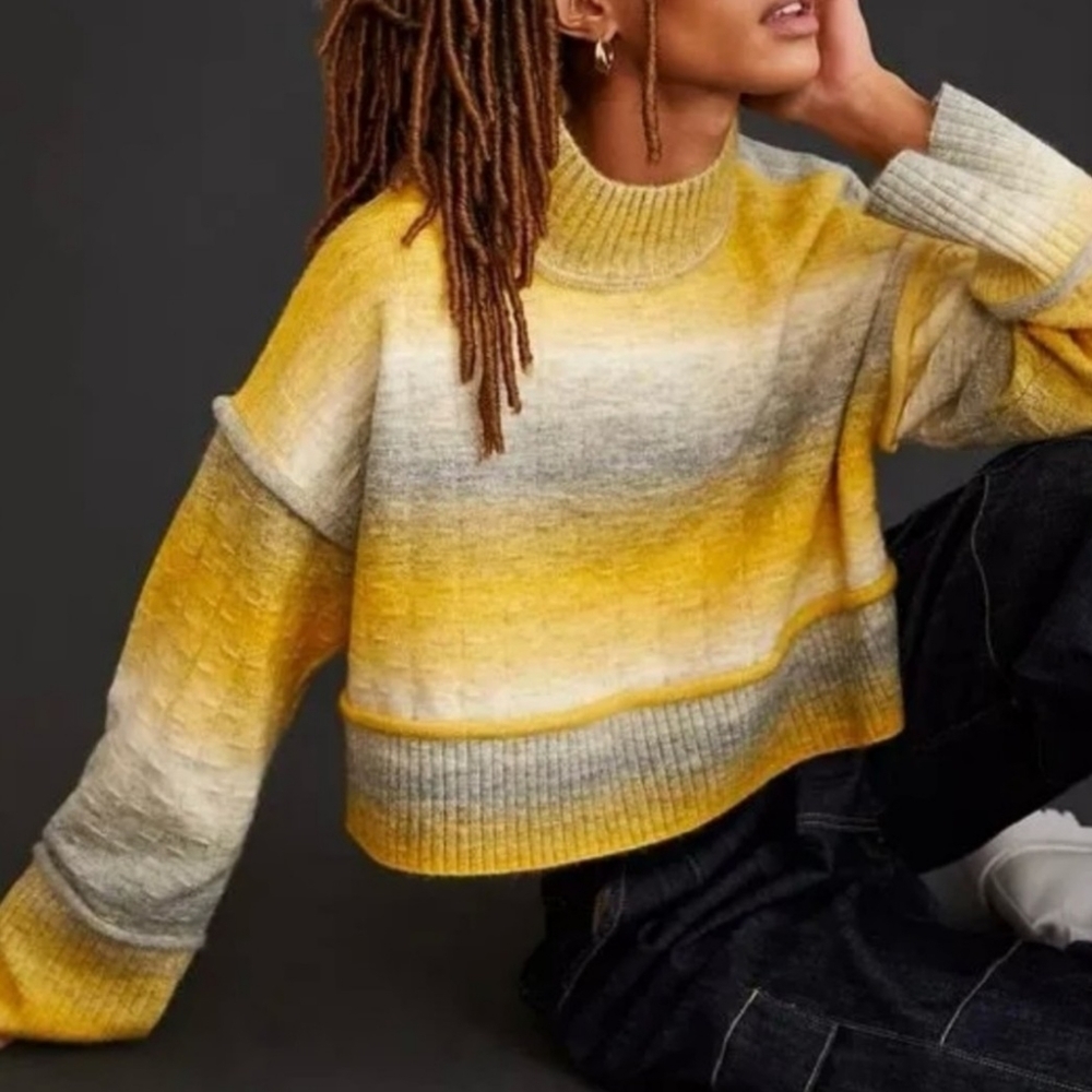Anthropologie Pilcro Ombre Yellow Striped Cropped Sweater - Picture 5 of 15